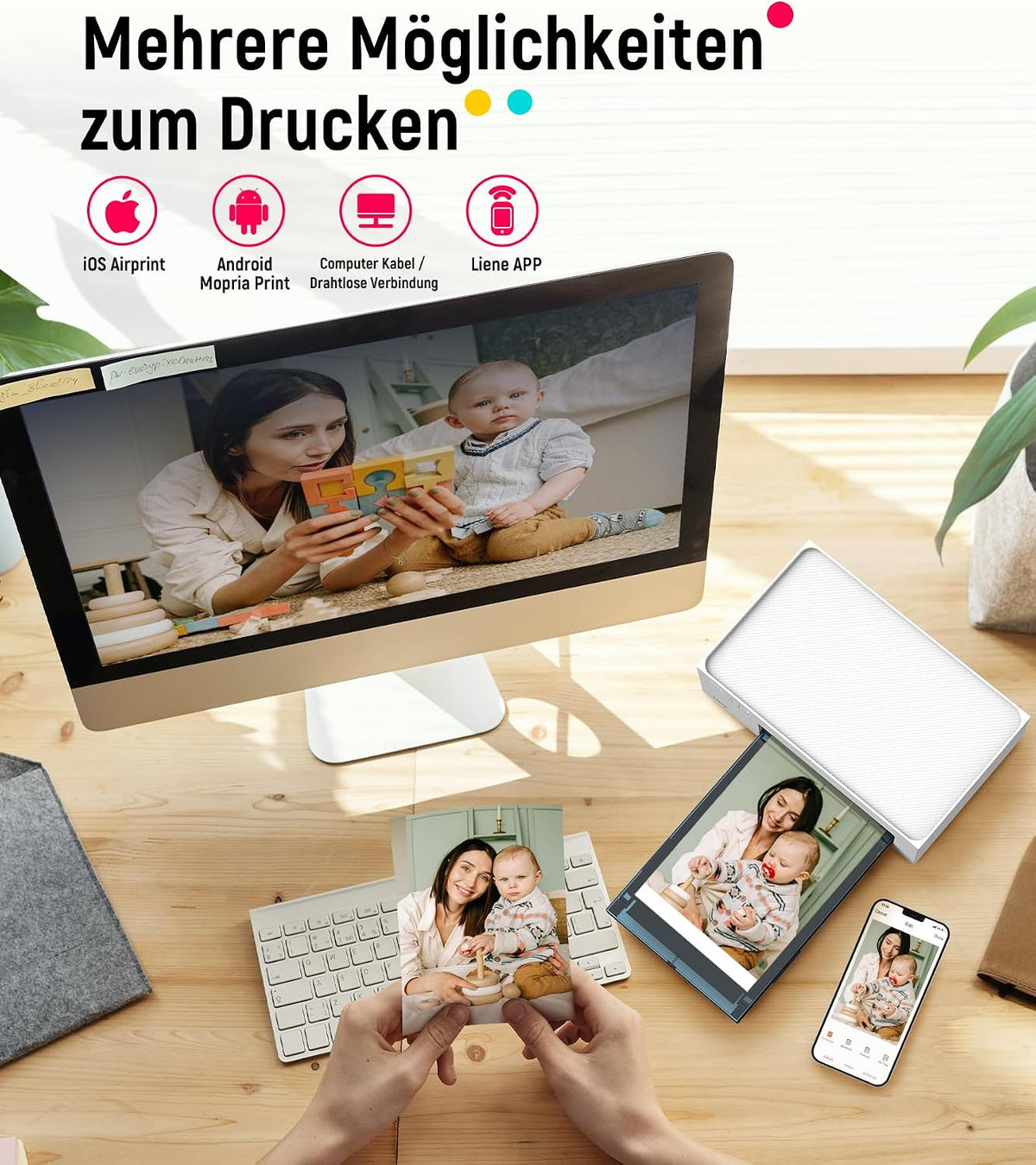 Fotodrucker 10x15 cm tragbar DHP513 Farbstoffsublimation 300 DPI WLAN USB kompatibel mit Smartphone PC inkl Fotopapier und Patrone