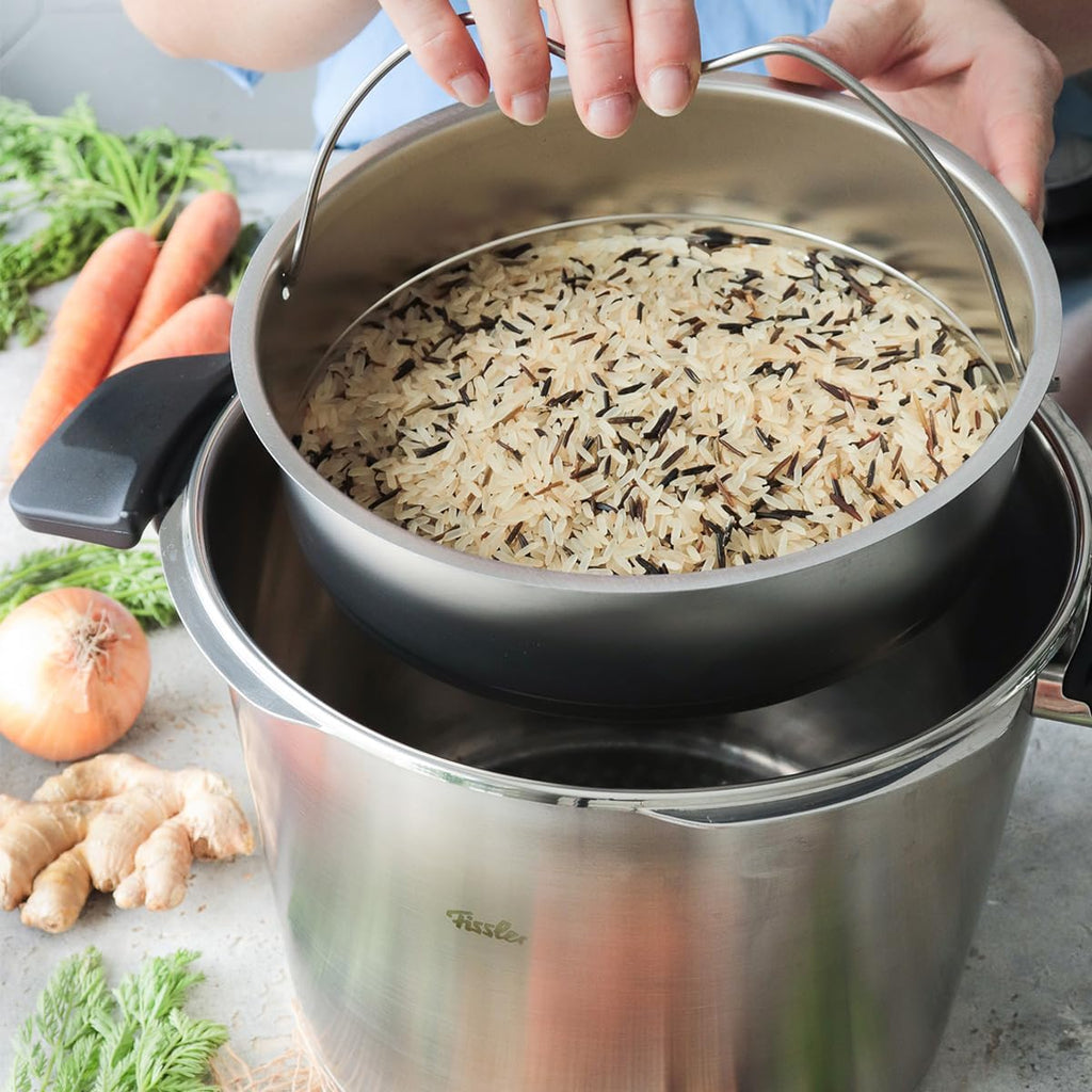 Schnellkochtopf Vitavit 6 L Ø 22 cm aus Edelstahl für Induktion mit 4 Garstufen Dampfgarfunktion und Einsatz