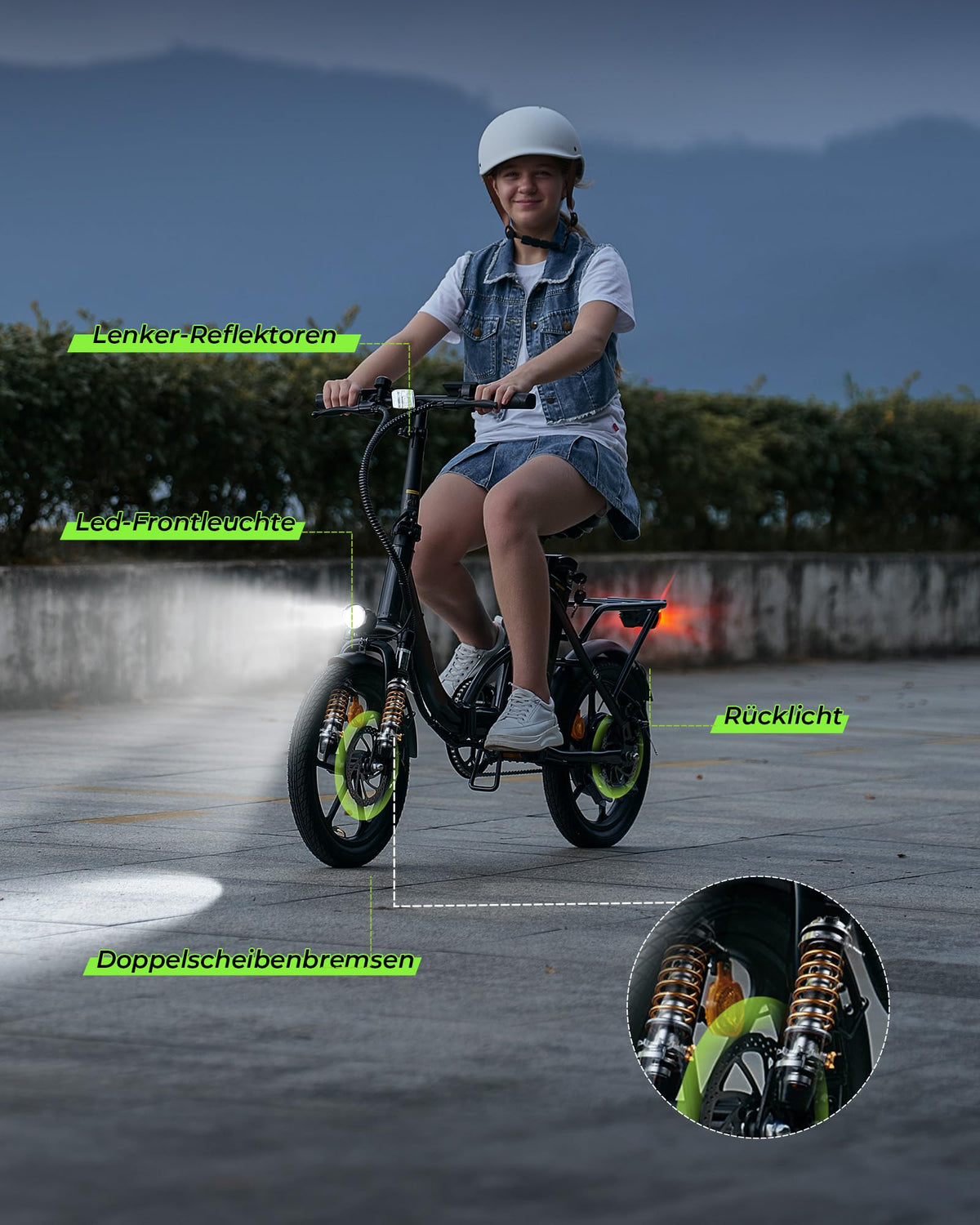 Faltbares E-Bike U4 16 Zoll Schwarz mit 250 W Motor 36 V 10,4 Ah Akku 5 Gängen Scheibenbremsen und Gepäckträger