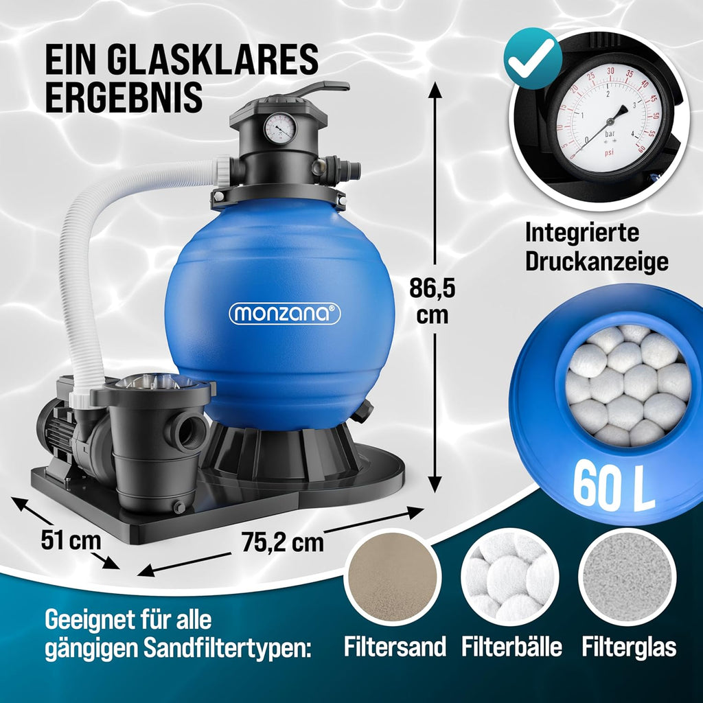 Sandfilteranlage Poolfilter 15900 l/h SF159 600W 7 Wege Ventil Ø32-38mm für Pools bis 70000L Filterpumpe 86,5x51x86,5 cm