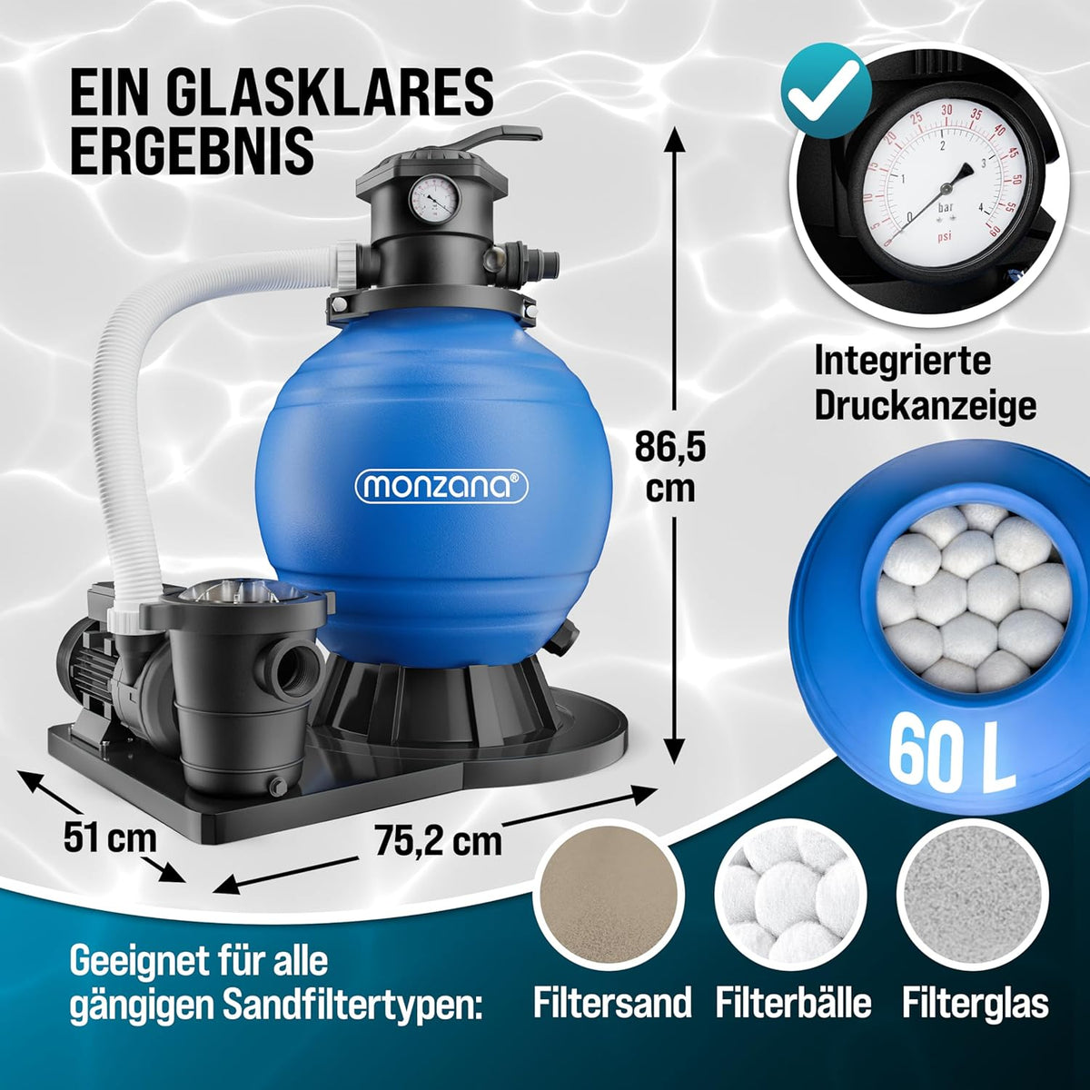 Sandfilteranlage Poolfilter 15900 l/h SF159 600W 7 Wege Ventil Ø32-38mm für Pools bis 70000L Filterpumpe 86,5x51x86,5 cm