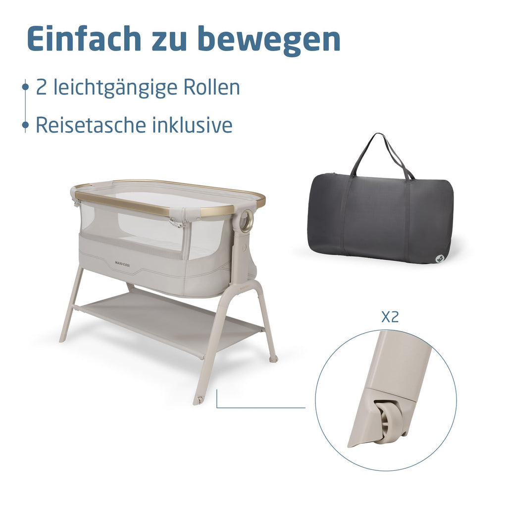 Stubenbett Baby Iora² 5-fach höhenverstellbar mit CloudCore-Matratze 5 cm Easy Slide 2 Rollen Elegance Beige