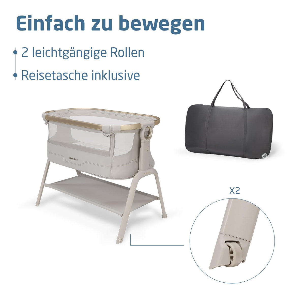 Stubenbett Baby Iora² 5-fach höhenverstellbar mit CloudCore-Matratze 5 cm Easy Slide 2 Rollen Elegance Beige