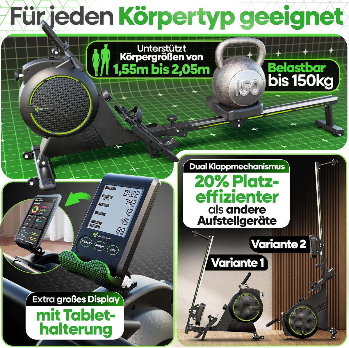 Rudergerät für Zuhause RW7003 Magnetischer Widerstand 16 Stufen bis 150 kg Klappbar Kohlenstoffstahl