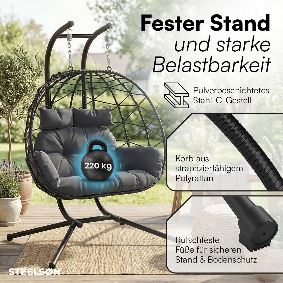 Hängesessel für 2 Personen P-SS-0063-18-01 XXL Hängestuhl mit Gestell und Sitzpolster höhenverstellbar faltbar bis 220 kg