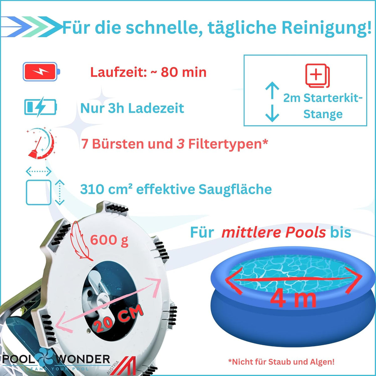 Akku Poolreiniger Marvelix kabellos Poolsauger mit Filter 20 cm Saugbreite wiederaufladbarer Lithium Akku