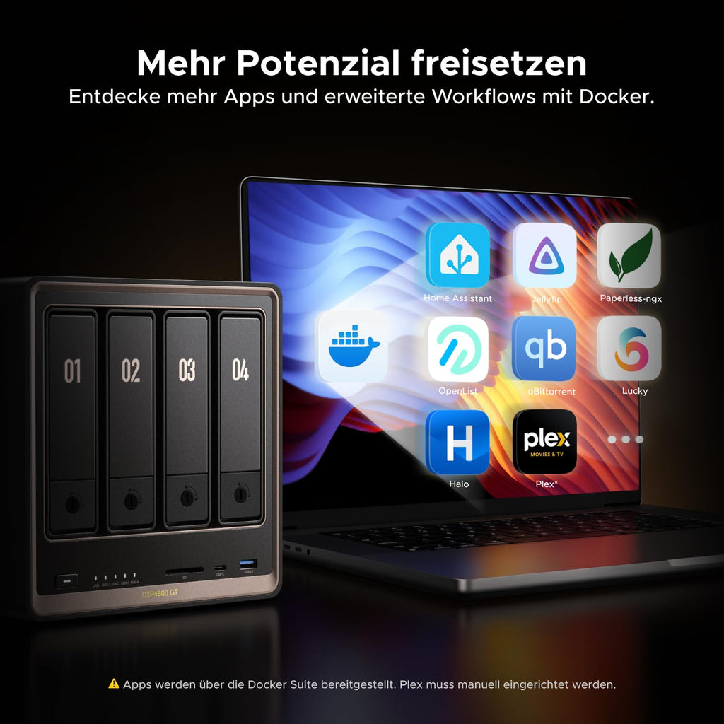 4-Bay NAS DXP4800 GT mit AMD Ryzen R2514 8GB DDR4 Dual 10GbE 4K HDMI 2x M.2 NVMe und U.2 Steckplätzen