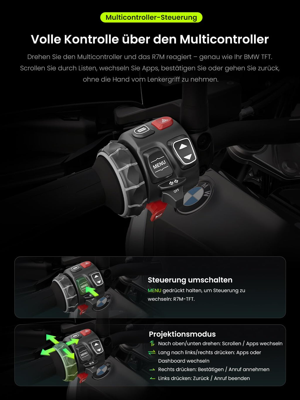 7 Zoll Motorrad Smart Display R7M mit Wireless CarPlay Android Auto GPS 1200 Nit IP69K