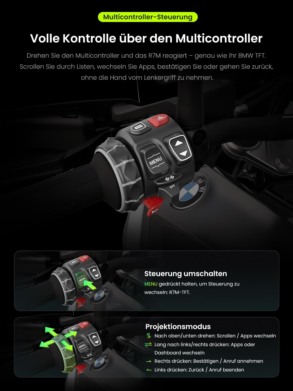 7 Zoll Motorrad Smart Display R7M mit Wireless CarPlay Android Auto GPS 1200 Nit IP69K