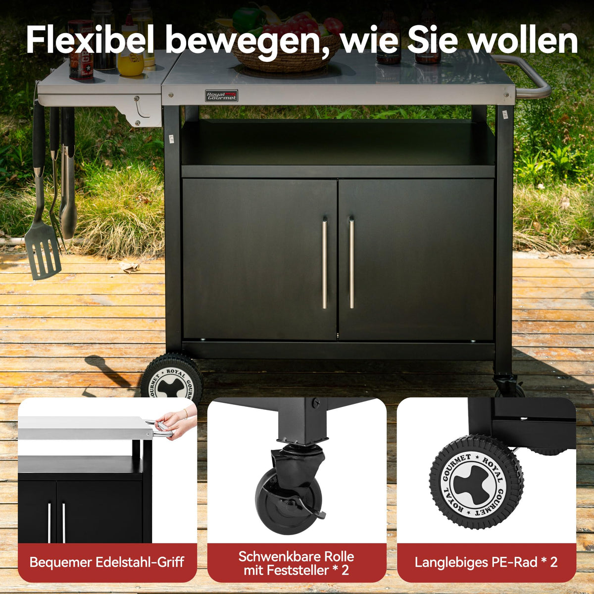 Grillwagen mit Edelstahl-Tischplatte klappbarem Seitentisch Unterschrank Rollen 126,5 x 60 x 81 cm
