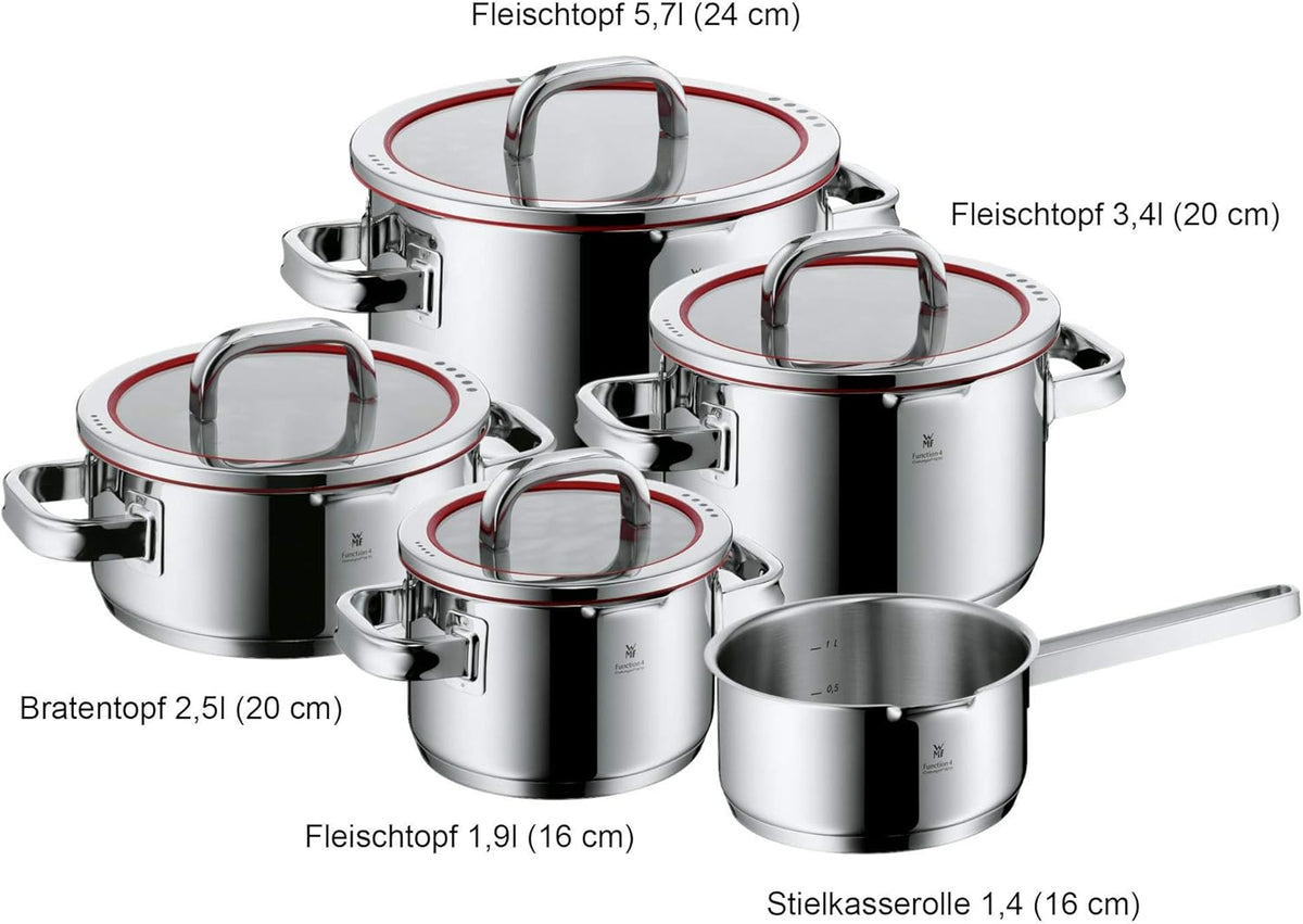 5-teiliges Topfset Induktion Function 4 760356380 Edelstahl poliert Glasdeckel mit Ausgießfunktion Innenskalierung