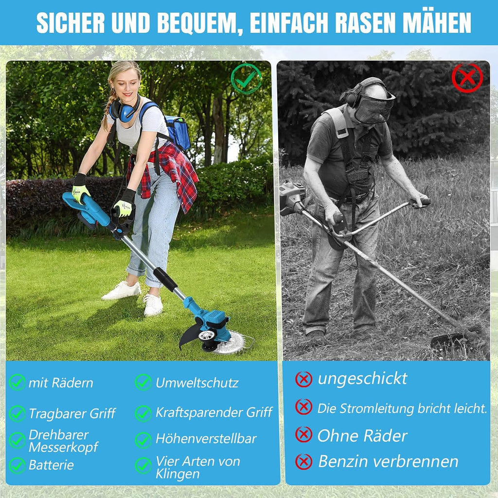 Akku Rasentrimmer Freischneider 4 in 1 21V mit 2 Akkus 12000 U/min 8 Zoll Schnittbreite verstellbarer Griff Winkel