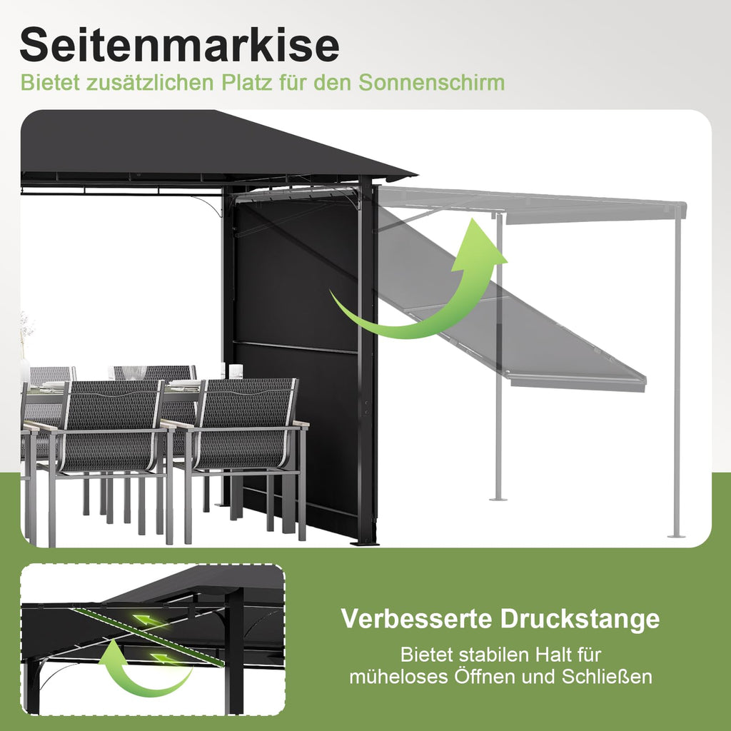 Pavillon 3 x 3 m Grillpavillon erweiterbar auf 3 x 4,8 m mit verstellbarer Markise 1,8 m Stahlgestell 4 Seitenwände