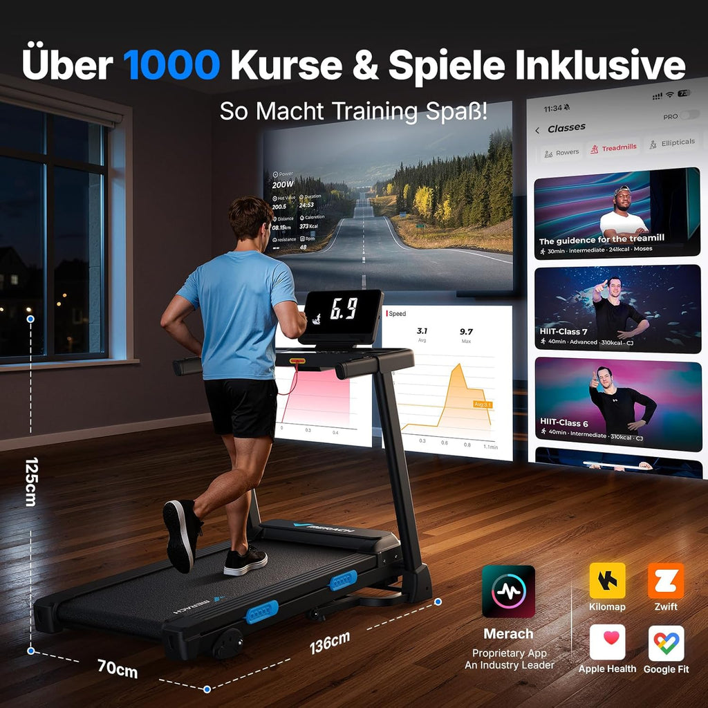 Laufband klappbar mit Steigung MR-T12B2 0–15% Neigung 0.8–12 km/h 136 kg Tragkraft 42×108 cm Lauffläche App Steuerung