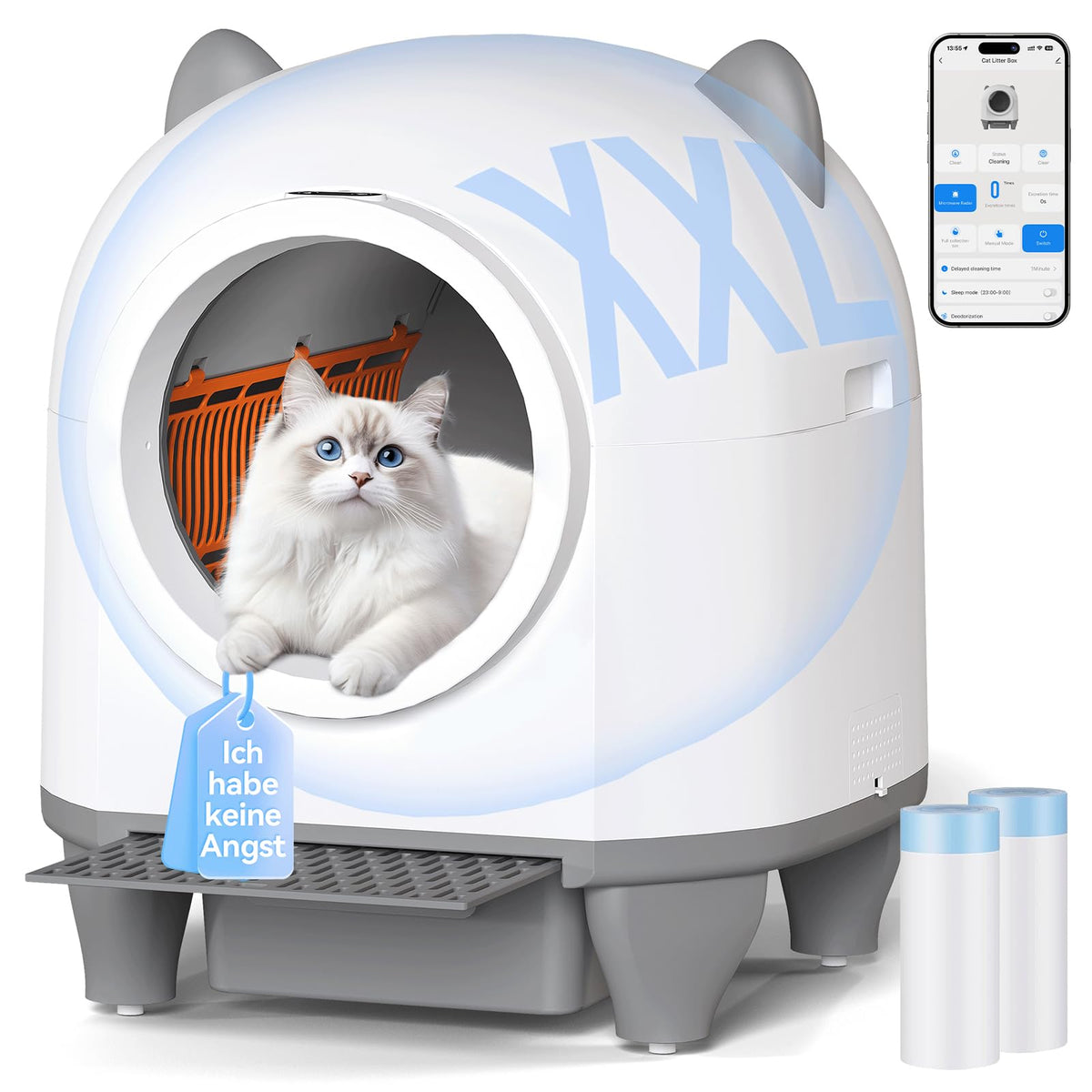 Automatische Katzentoilette 90L selbstreinigend mit App-Steuerung Sicherheitssensoren 8,5L Abfallbehälter für mehrere Katzen