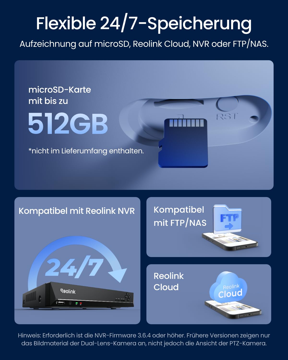 Dreifachobjektiv PoE Überwachungskamera außen 10MP+8MP 180° Panorama PTZ Auto-Tracking KI-Erkennung Farb- und IR-Nachtsicht 24/7-Aufzeichnung