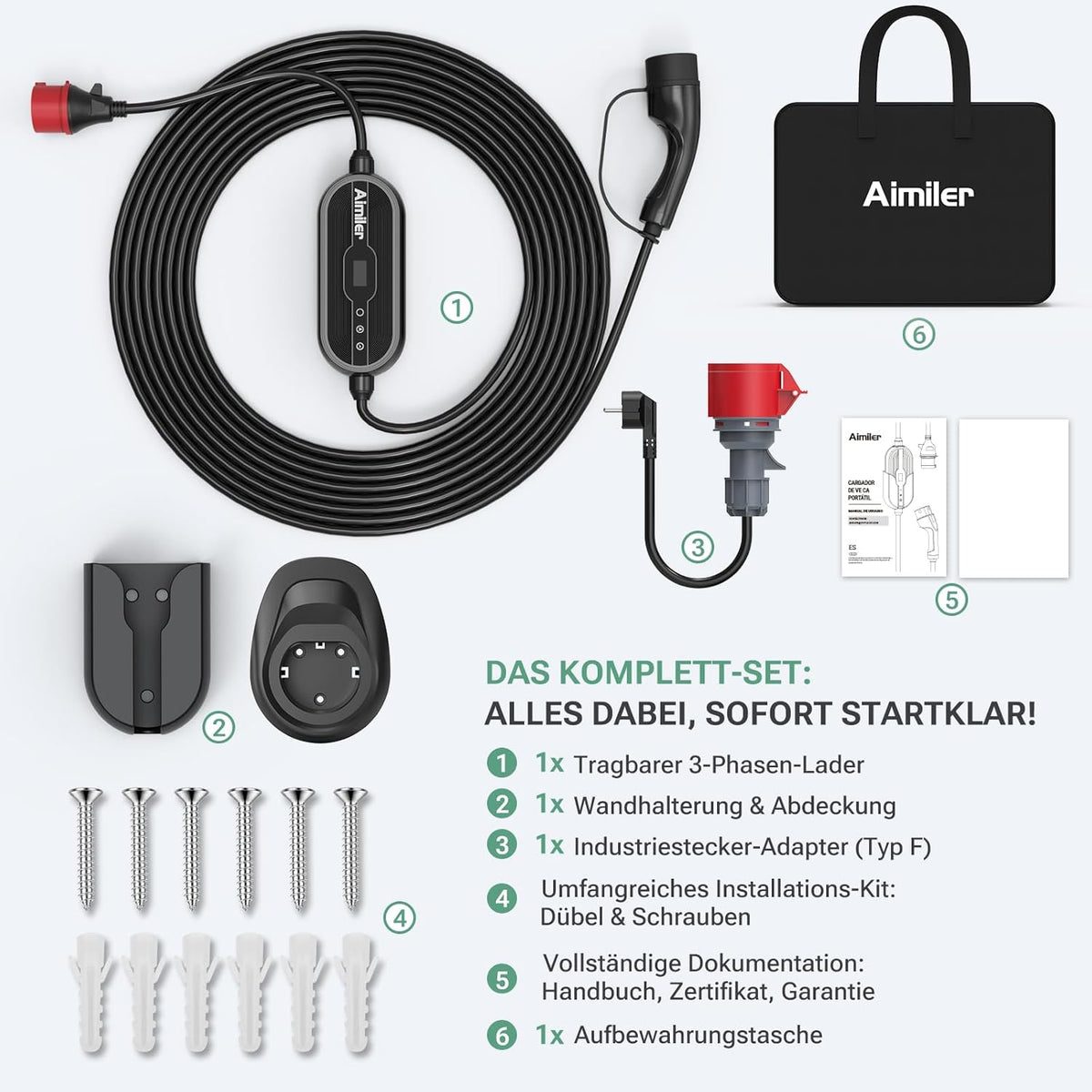 Mobile Wallbox EV Ladegerät 11kW 400V Typ 2 7,6m Kabel 8-16A CEE 3-phasig IP66 App Steuerung Modell