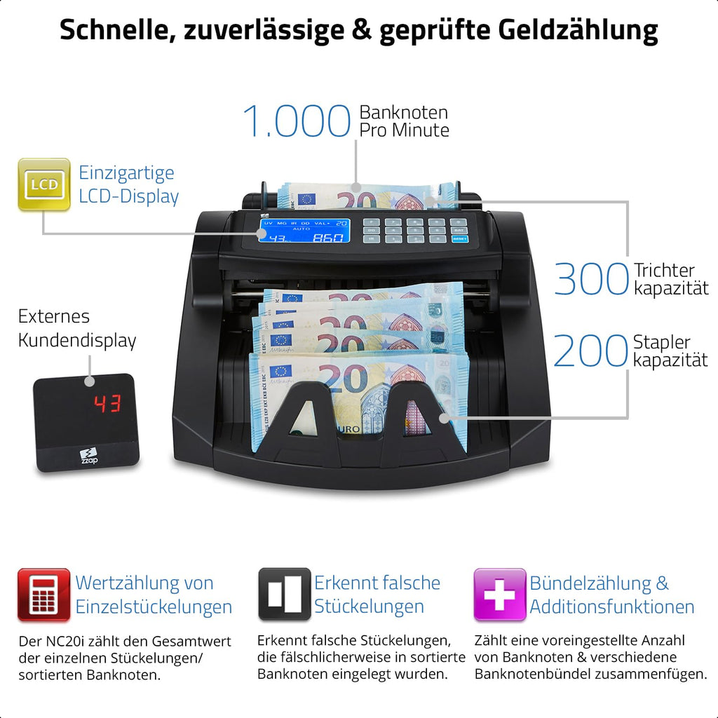 Banknotenzähler NC20i mit 5-facher Falschgelderkennung 1000 Banknoten pro Minute für sortierte Banknoten