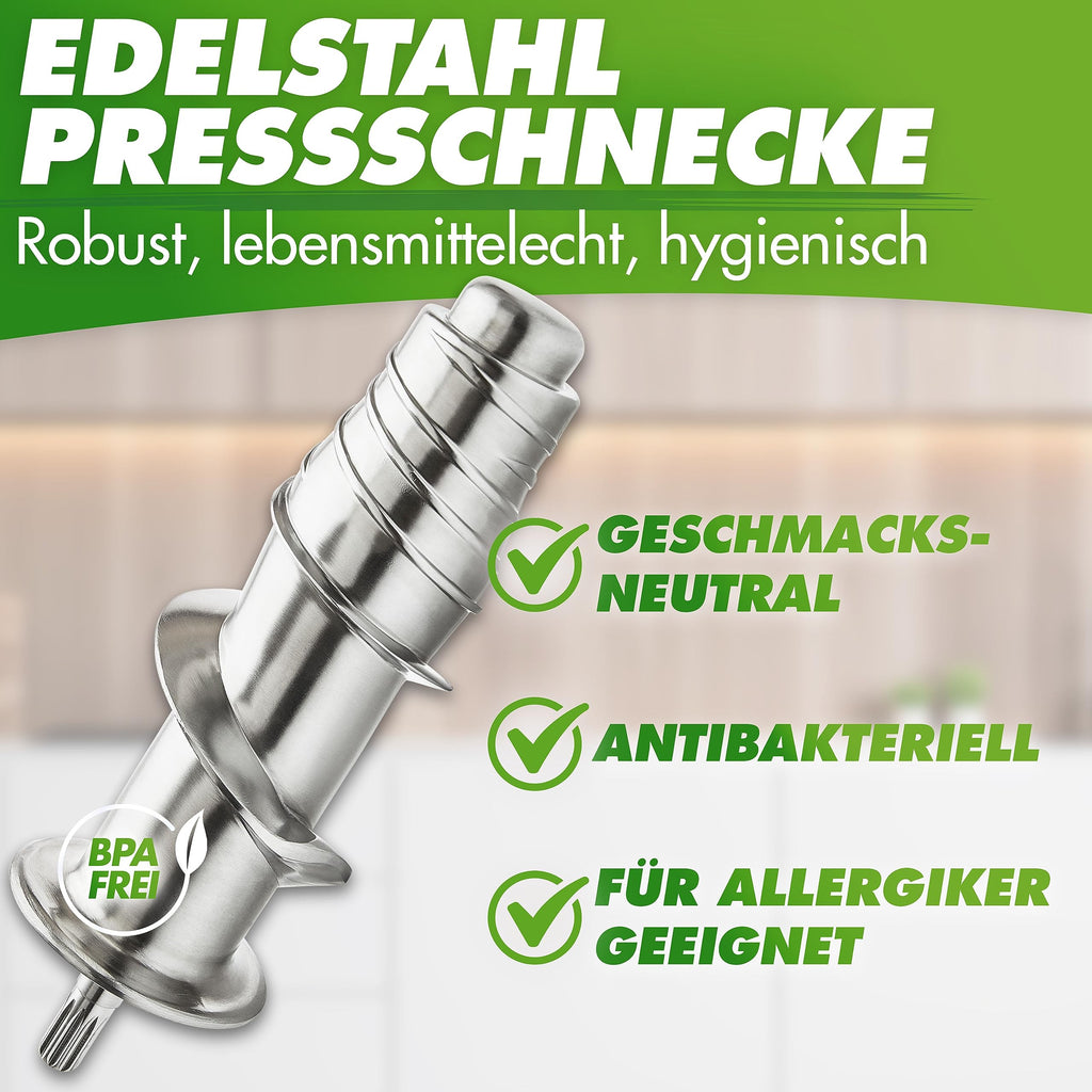 Slow Juicer Entsafter GREEN-PRESS MAX Edelstahl 200 W 2 L Fassungsvermögen Horizontale Saftpresse