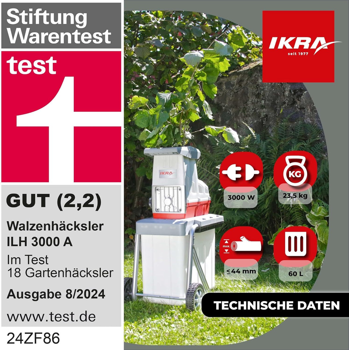 Gartenhäcksler Walzenhäcksler ILH 3000 A 3000W 44mm Aststärke leises Schneidsystem 60L Fangbox