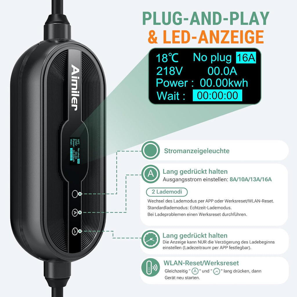 Mobile Wallbox EV Ladegerät 11kW 400V Typ 2 7,6m Kabel 8-16A CEE 3-phasig IP66 App Steuerung Modell