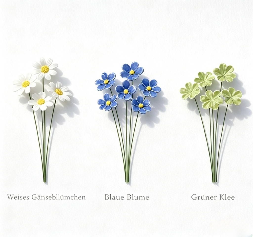 Keramik Blumenstrauß 5er Set - Glänzende Keramikblumen Dekoration für Regal, Tisch, Kaminsims in Weiß, Blau oder Grün