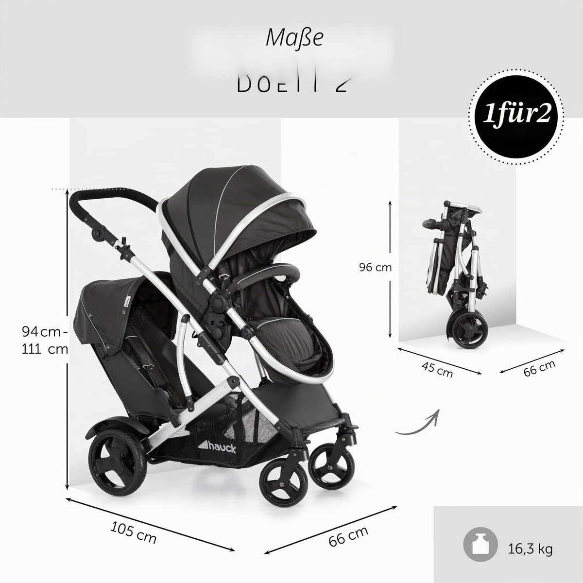 Geschwisterwagen Duett 2 Tandem Kinderwagen mit Babywanne und Sportsitz 2 Sitze bis 15 kg höhenverstellbar inkl Regenschutz
