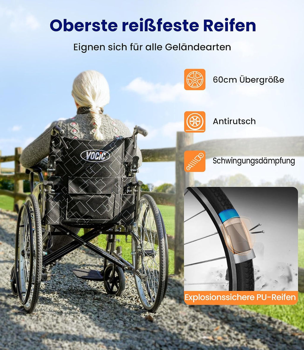 Faltbarer Rollstuhl U31 für Erwachsene bis 150 kg Selbstantrieb mit Doppelbremsen pannensicheren Reifen und Fußstützen Hellgrau