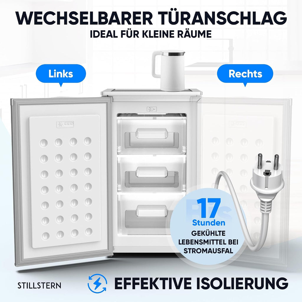 Mini Gefrierschrank 73L 4 Sterne GS-75.2-C freistehend 41 dB Energieklasse C 3 Fächer wechselbarer Türanschlag Silber