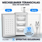 Mini Gefrierschrank 73L 4 Sterne GS-75.2-C freistehend 41 dB Energieklasse C 3 Fächer wechselbarer Türanschlag Silber