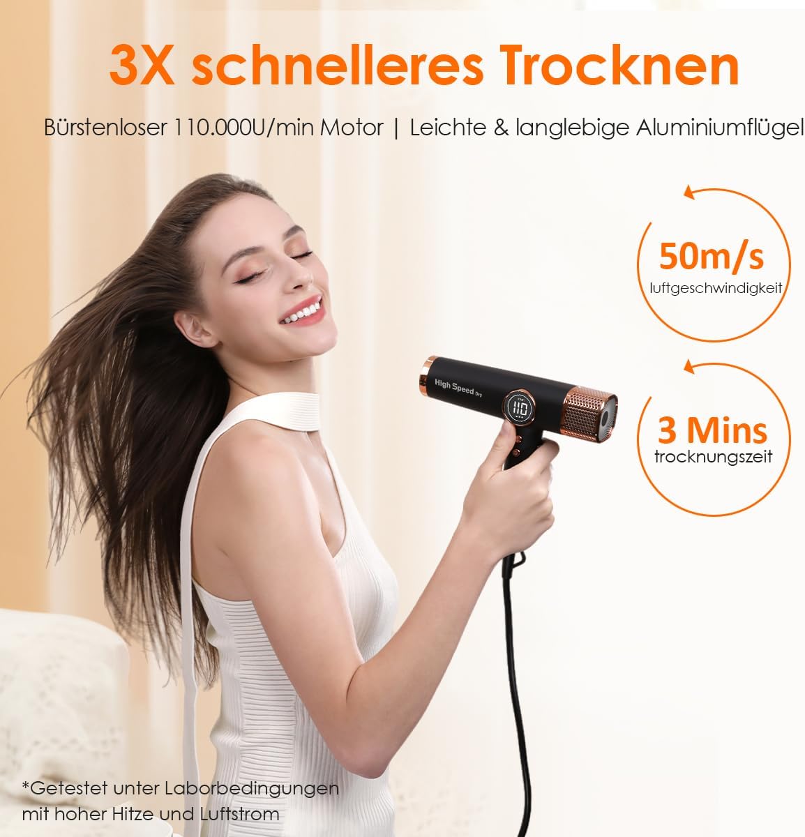 Haartrockner 1700W mit 110000 RPM bürstenlosem Motor LED-Display 200 Mio. Ionen 3 Magnetdüsen Schwarz Gold