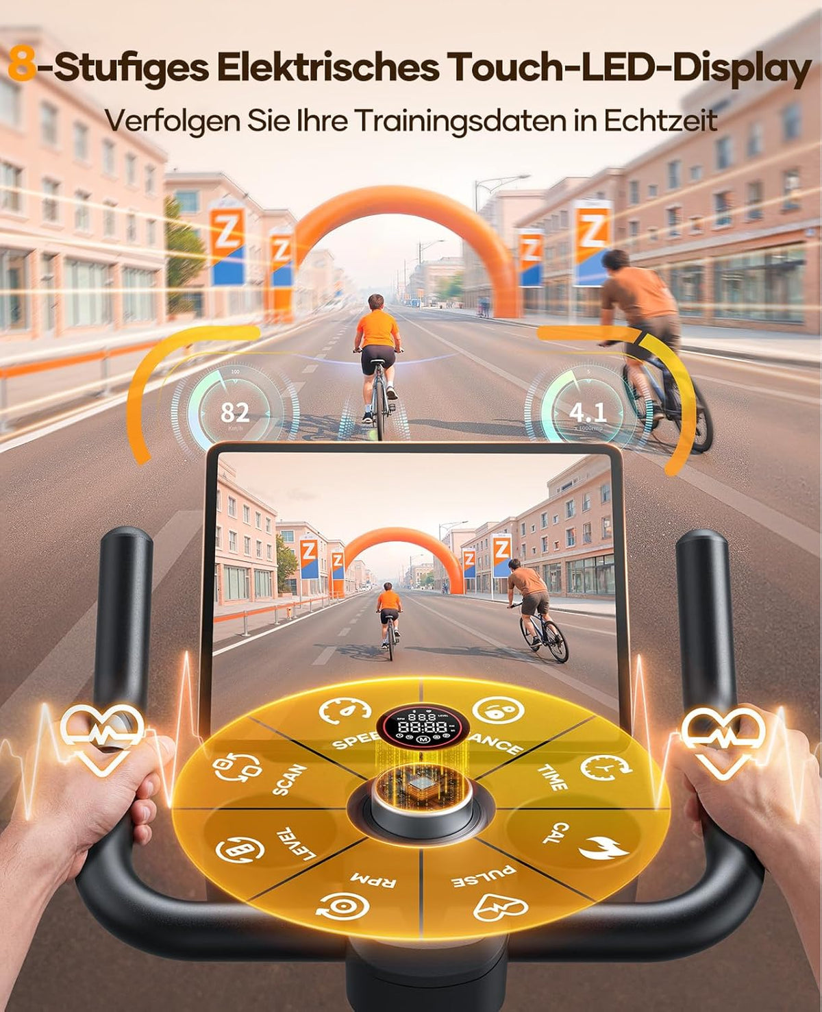Heimtrainer Fahrrad TEB5 mit 32-stufigem Magnetwiderstand LED-Touchmonitor App-Anbindung Herzfrequenzmessung 150 kg