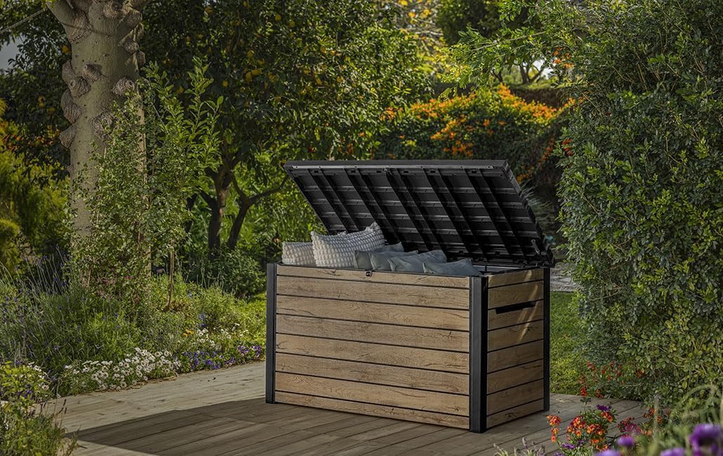 Gartenbox Ontario 870 Liter 147 x 83 x 86 cm aus Kunststoff in Holzoptik mit Gasdruckfedern abschließbar