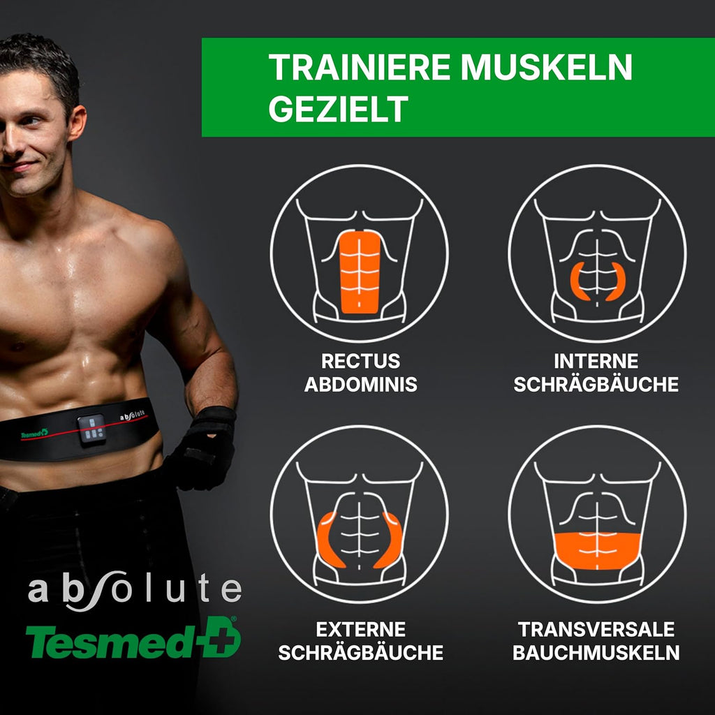 EMS Bauchmuskeltrainer Gürtel Absolute 15 Programme kabellos wiederaufladbar zentrale und seitliche Muskelstimulation