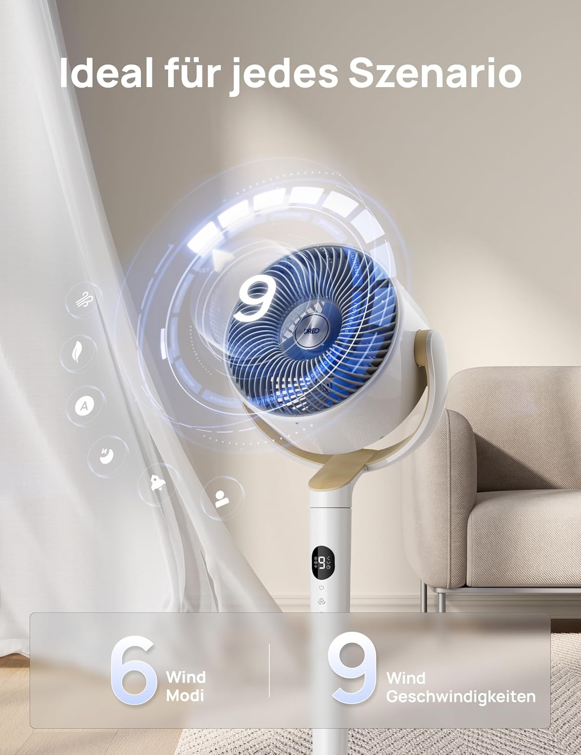 Standventilator mit Oszillation und App-Steuerung DR-HPF008S 120°+120° 9 Stufen 20 dB 89 cm Höhe Timer LED Licht Weiß