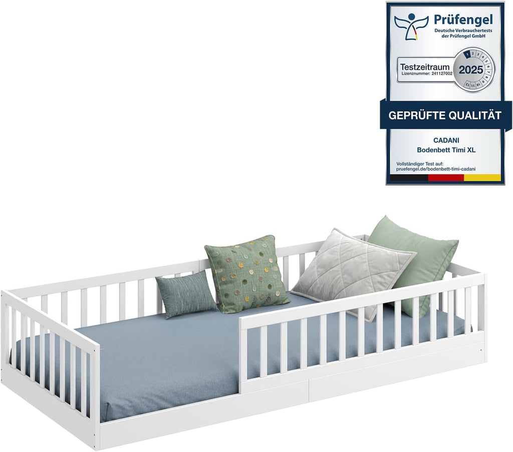 Bodenbett 90x200 cm Montessori Kinderbett Massivholz Kiefer mit Rausfallschutz und Roll-Lattenrost bis 200 kg