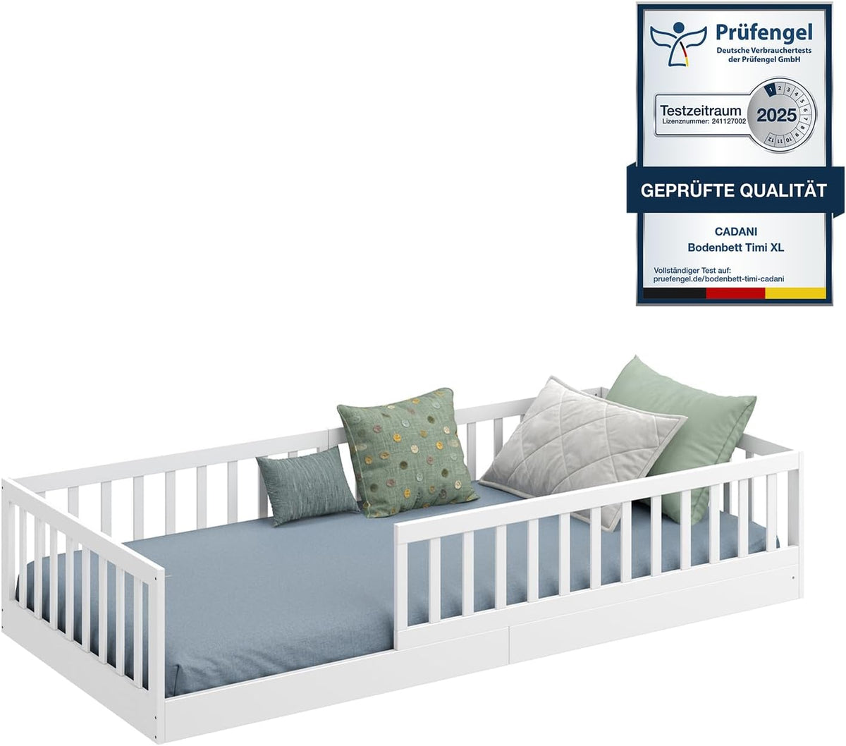 Bodenbett 90x200 cm Montessori Kinderbett Massivholz Kiefer mit Rausfallschutz und Roll-Lattenrost bis 200 kg