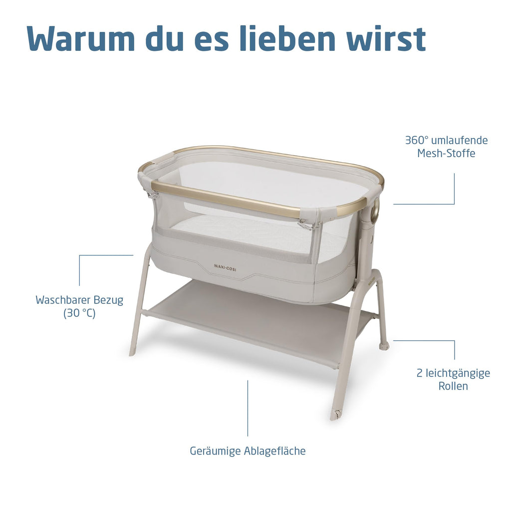 Stubenbett Baby Iora² 5-fach höhenverstellbar mit CloudCore-Matratze 5 cm Easy Slide 2 Rollen Elegance Beige