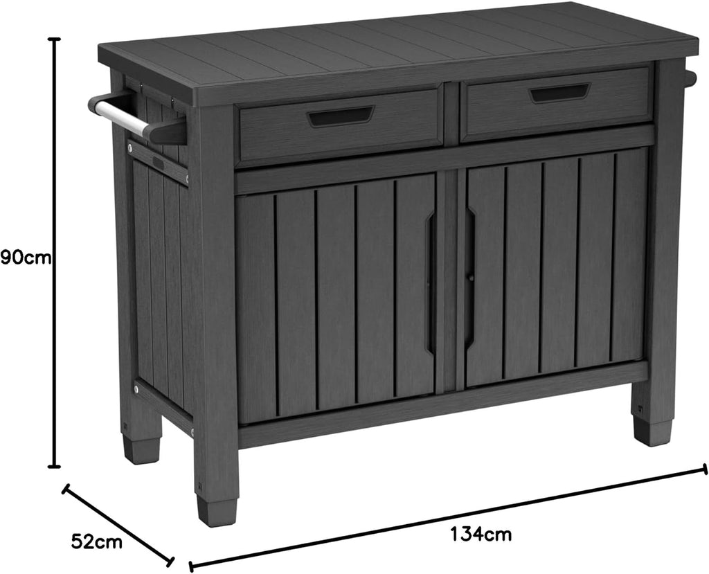 Grilltisch Beistelltisch XXL 22634 124x52x90 cm Kunstharz Holzoptik Outdoor Servicetisch mit Stauraum 2 Schubladen