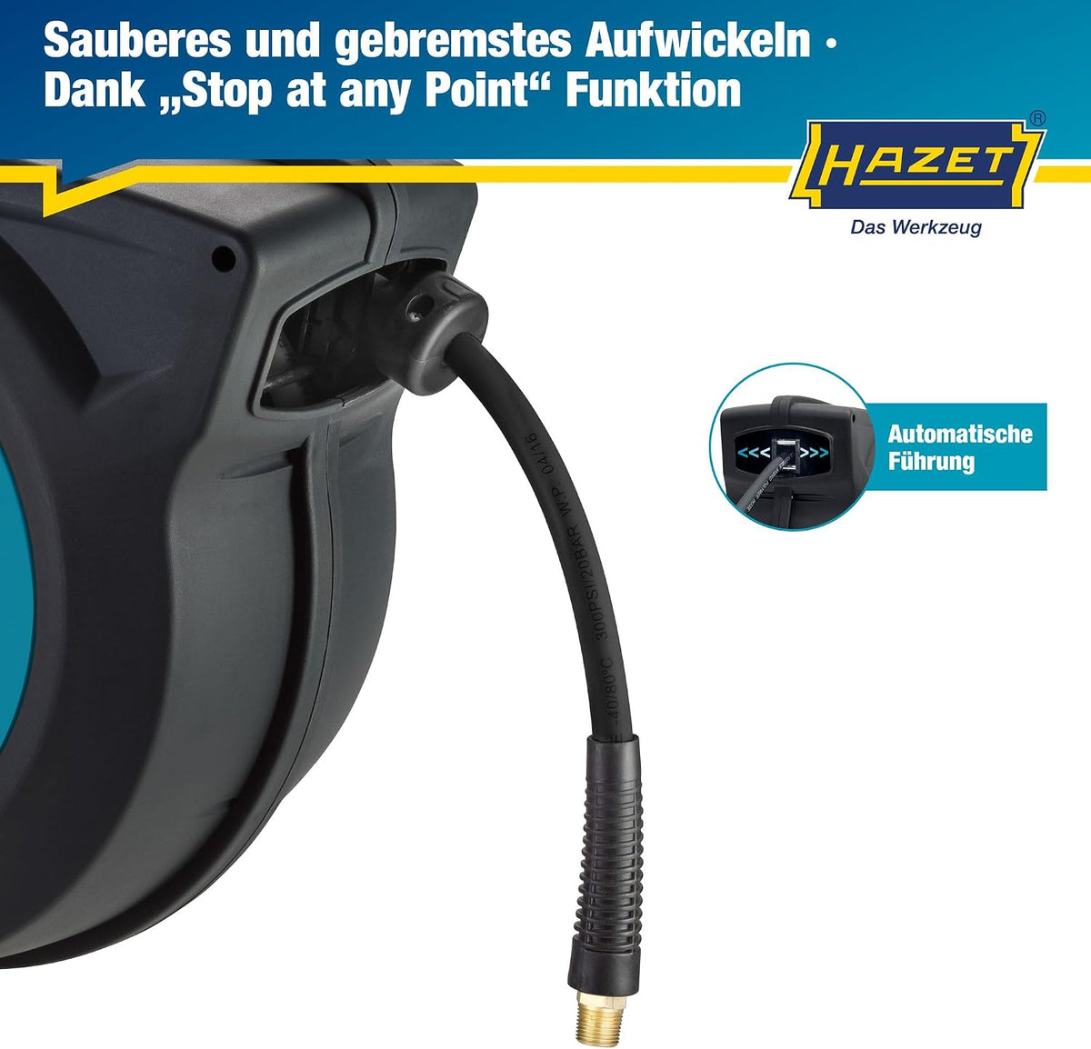 Schlauchaufroller 9040N-13 15 m 13 mm 20 bar Druckluft und Wasser Wandmontage mit automatischem Aufrollsystem und Stoppfunktion