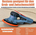Exzenterschleifer 150 mm 350 W 5 mm Hub 7-stufige Drehzahlregelung bürstenlos mit Koffer und Zubehör Schleifmaschine