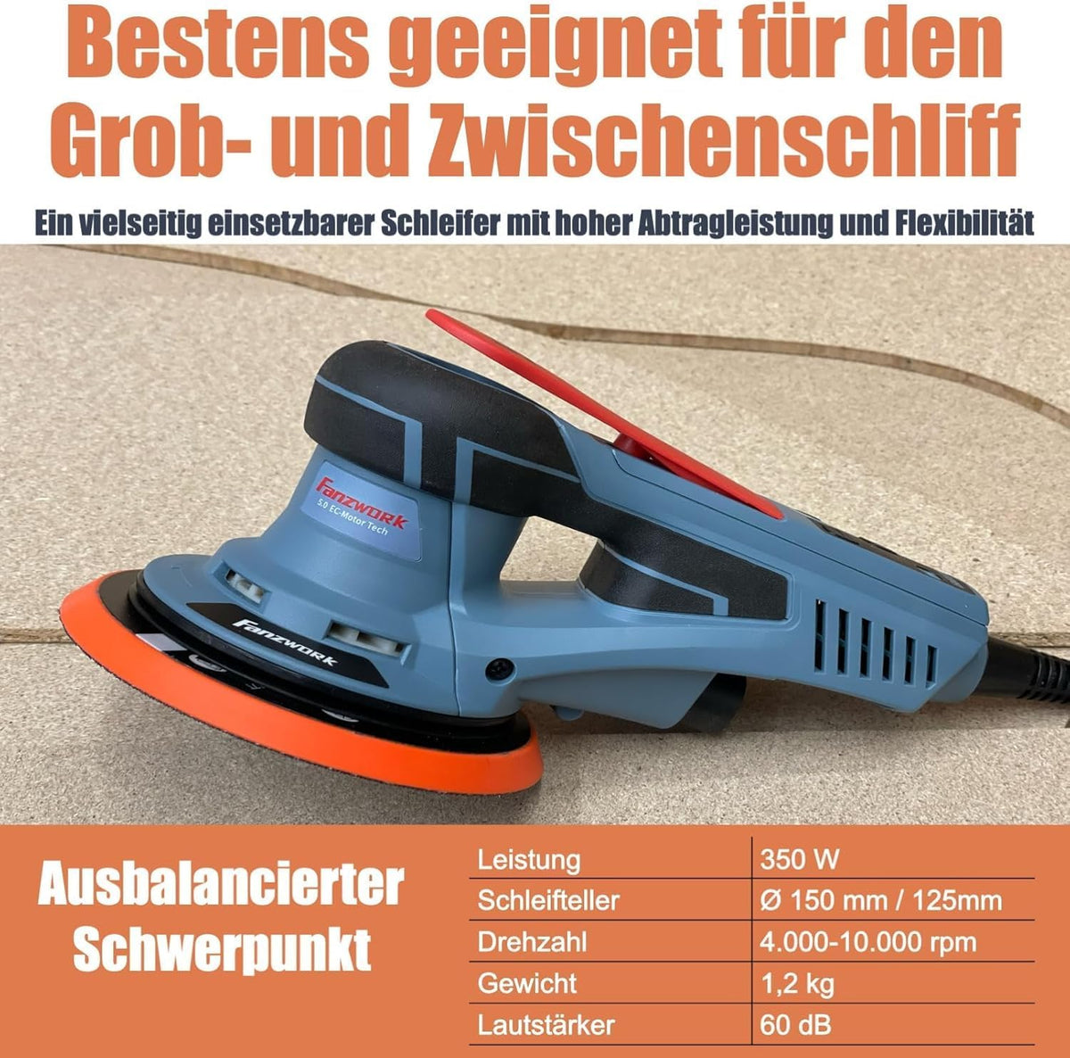 Exzenterschleifer 150 mm 350 W 5 mm Hub 7-stufige Drehzahlregelung bürstenlos mit Koffer und Zubehör Schleifmaschine