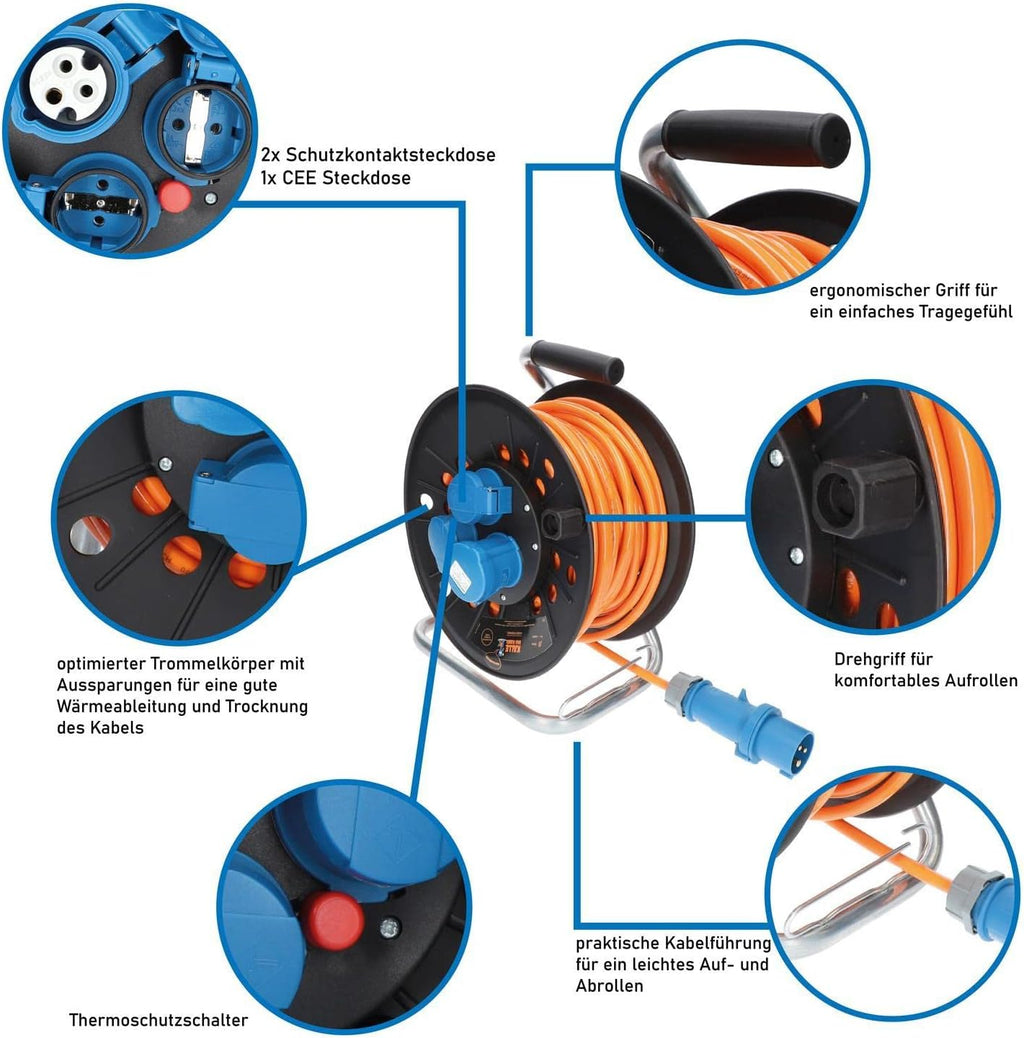CEE Campingkabeltrommel EXTREME SIGNAL V116885 25 m H07BQ-F 3G 2,5 mm² mit Winkelkupplung und Adapterleitung IP44