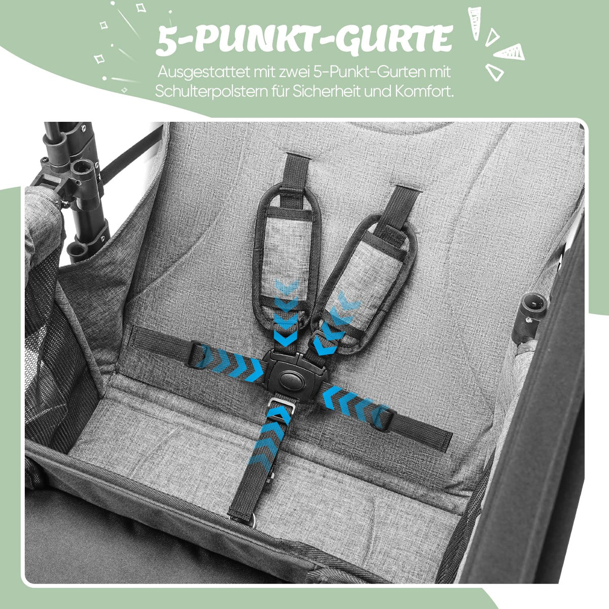 Faltbarer Bollerwagen RO-02 für 2 Kinder mit Dach 5-Punkt-Gurt PU-Rädern Snacktablett und Aluminiumrahmen Grau