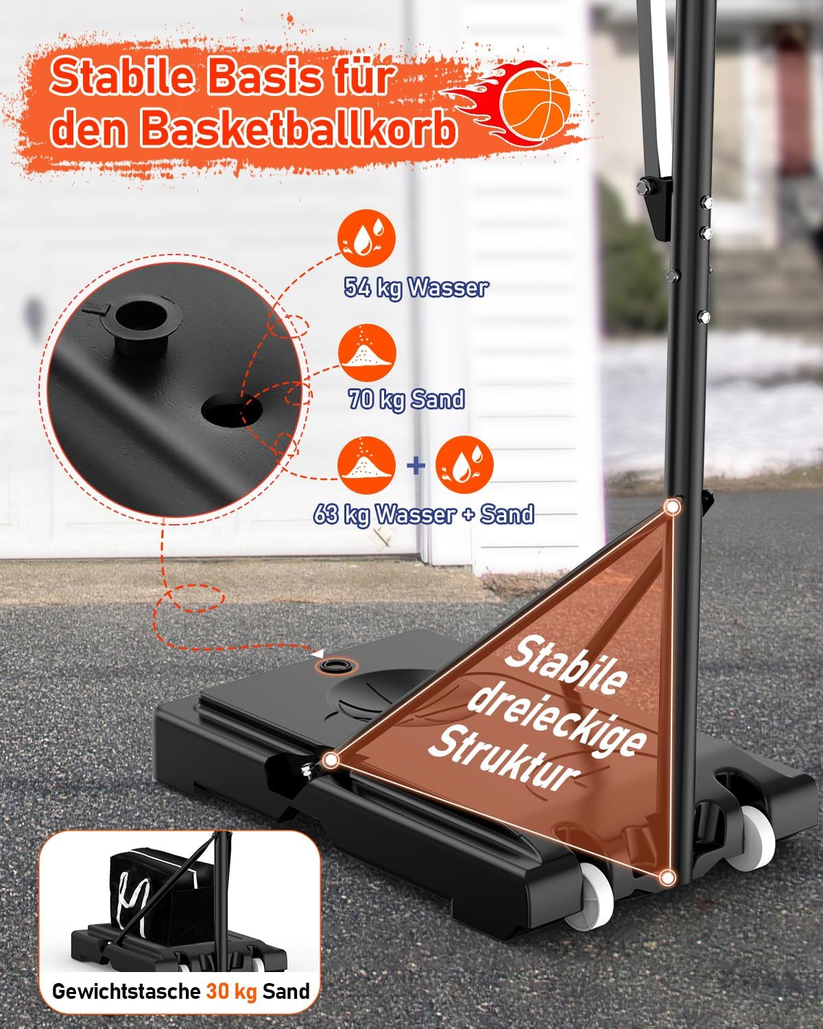Basketballständer höhenverstellbar LM052 145–305 cm mit 110 x 75 cm Rückwand und Gewichtssack für Innen- und Außenbereich