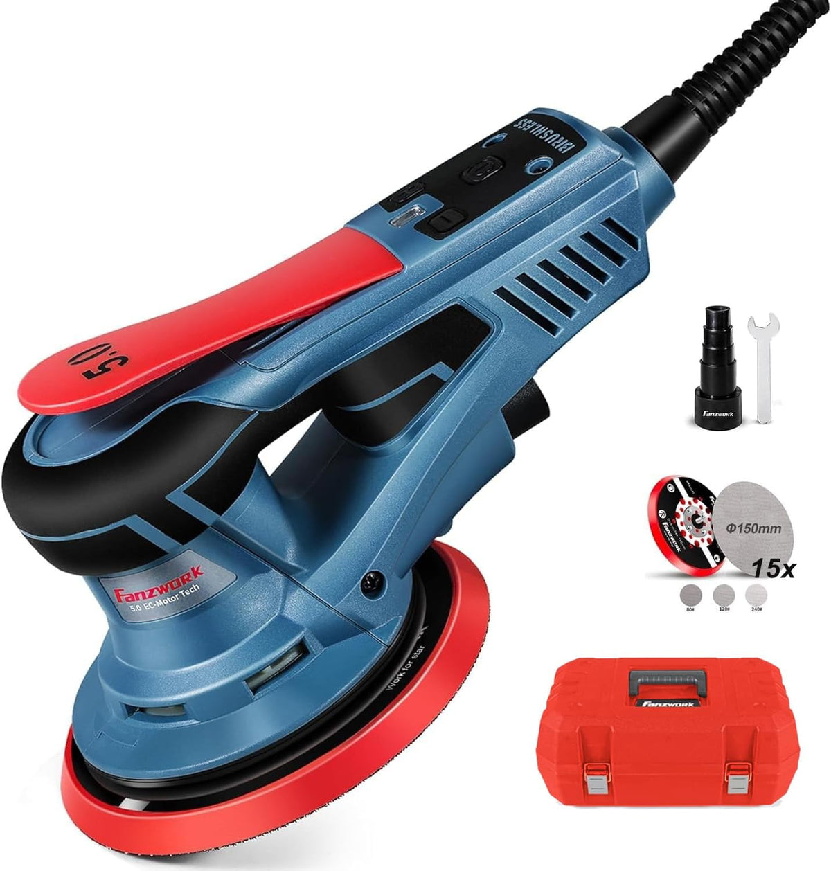 Exzenterschleifer 150 mm 350 W 5 mm Hub 7-stufige Drehzahlregelung bürstenlos mit Koffer und Zubehör Schleifmaschine