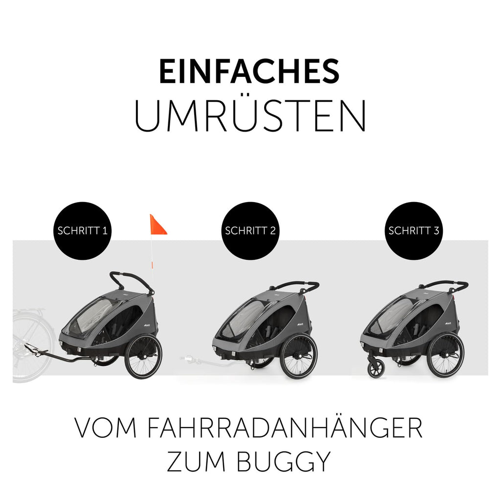 2in1 Fahrradanhänger Kinderwagen für 2 Kinder Dryk Duo bis 22 kg 120 cm faltbar für Zwillinge und Geschwister
