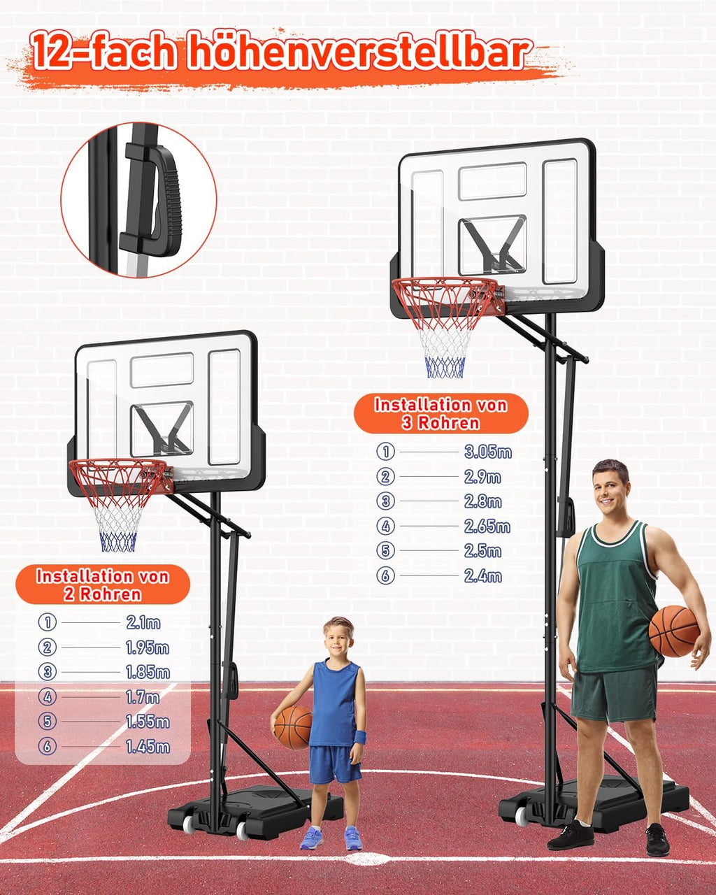Basketballständer höhenverstellbar LM052 145–305 cm mit 110 x 75 cm Rückwand und Gewichtssack für Innen- und Außenbereich