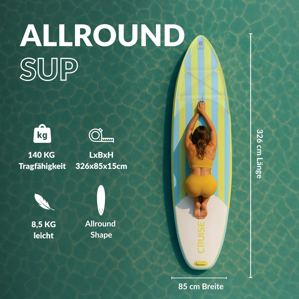 Aufblasbares SUP Board 326 cm Double-Layer-Dropstitch 85 cm breit bis 140 kg mit Paddel Pumpe Rucksack Drybag