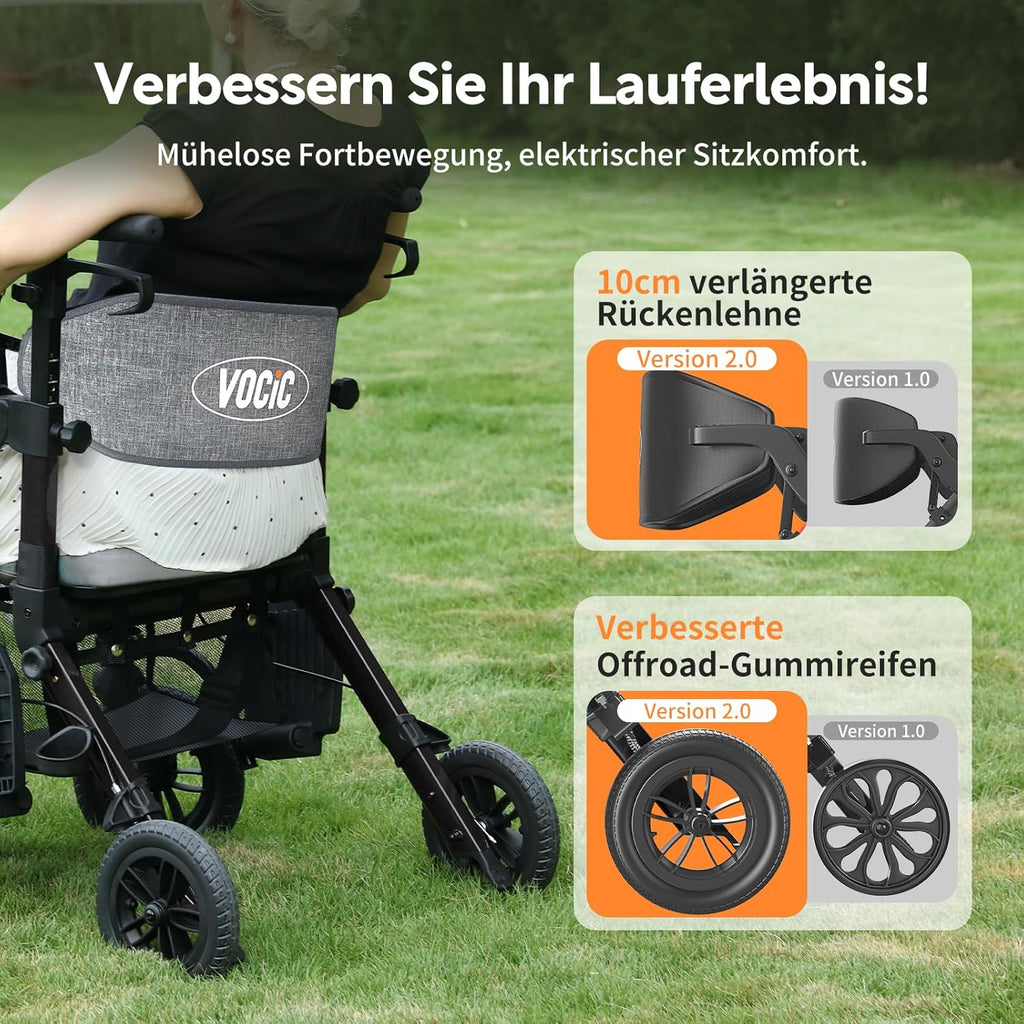 2-in-1 Rollator und Transportstuhl V-RL-Z51-E-BK faltbar aus Aluminium mit Sitz und Outdoor-Reifen bis 136 kg